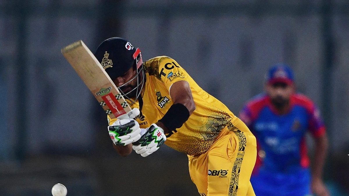 Peshawar's Zalmi Babar Azam plays a shot during the Pakistan Super League (PSL) Twenty20 cricket match between Karachi Kings and Peshawar Zalmi's at the National Stadium in Karachi on March 11, 2024