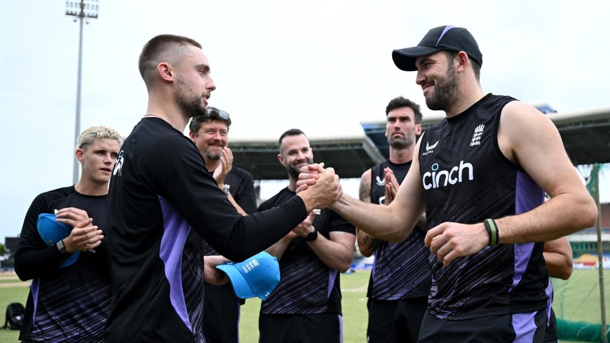 Jamie Overton receives his maiden odi cap from Will Jacks