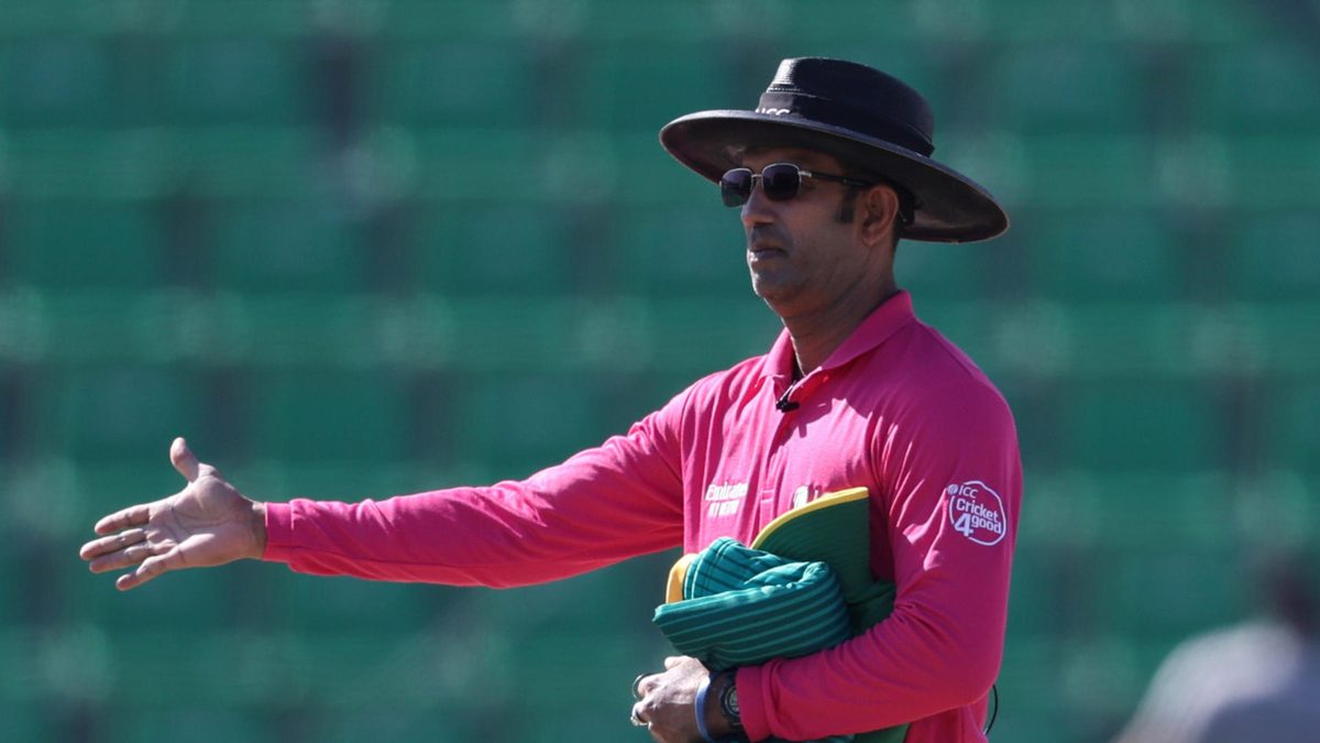 Umpire Kumar Dharmasena during the ICC Champions Trophy 2025 semi final between South Africa and New Zealand at Gaddafi Stadium on March 05, 2025 in Lahore, Pakistan