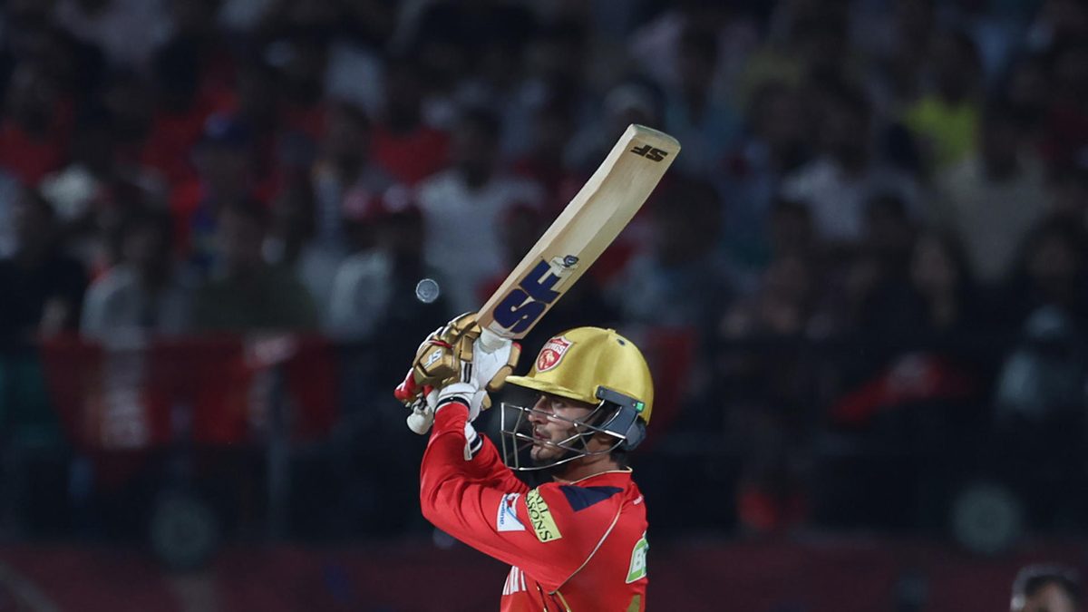 Priyansh Arya of Punjab Kings play a shot during the 2025 IPL match between Punjab Kings and Delhi Capitals at Himachal Pradesh Cricket Association Stadium on May 08, 2025, in Dharamsala, India
