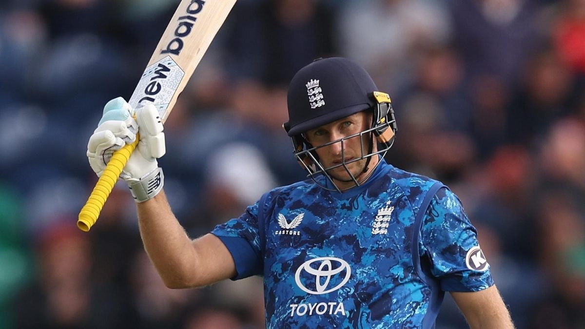 Joe Root celebrates scoring a half-century in England's ODI against West Indies in Cardiff