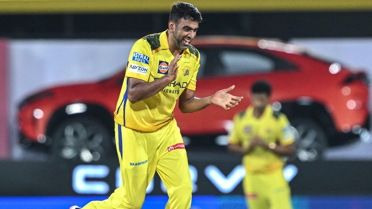 Chennai Super Kings' Ravichandran Ashwin celebrates after taking the wicket of Mumbai Indians' Will Jacks during the Indian Premier League (IPL) Twenty20 cricket match between Chennai Super Kings and Mumbai Indians at the MA Chidambaram Stadium in Chennai on March 23, 2025