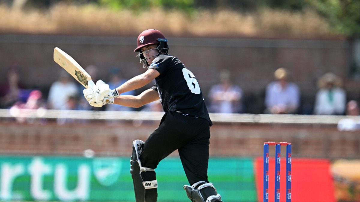 Archie Vaughan of Somerset plays a shot during the Men's Metro Bank One Day Cup match between Somerset and Lancashire at The Cooper Associates County Ground on August 10, 2025 in Taunton, England