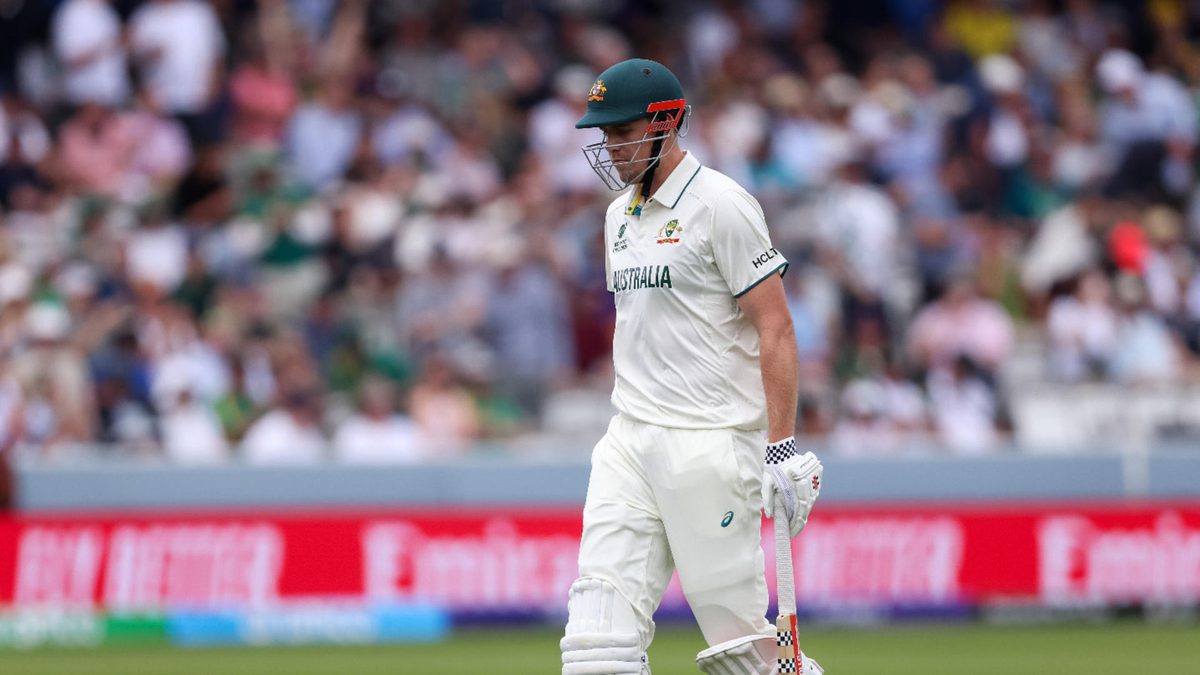 Cameron Green of Australia looks dejected after losing his wicket during day 2 of the ICC World Test Championship, final match between South Africa and Australia at Lords Cricket Ground on June 12, 2025 in London, England