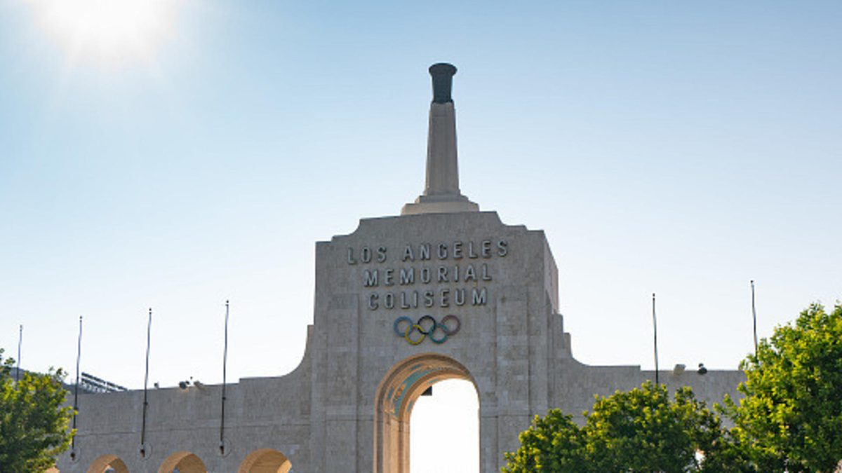 General views of the Los Angeles Memorial Coliseum, home of the USC Trojans and the 2028 Summer Olympics, and the former home of the Los Angeles Rams on October 09, 2020 in Los Angeles, California