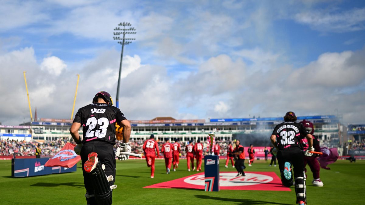 Will Smeed and Tom Kohler-Cadmore of Somerset make their way out to bat during the Vitality Blast Men's Semi-Final match between Lancashire Lightning and Somerset at Edgbaston on September 13, 2025 in Birmingham, England