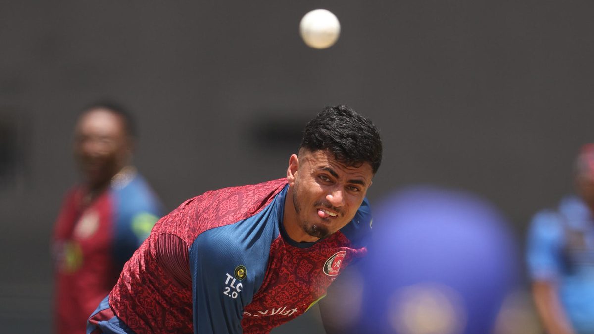 Mujeeb Ur Rahman of Afghanistan bowls on during a net session as part of the ICC Men's T20 Cricket World Cup West Indies & USA 2024 at Providence Stadium on June 06, 2024 in Georgetown, Guyana