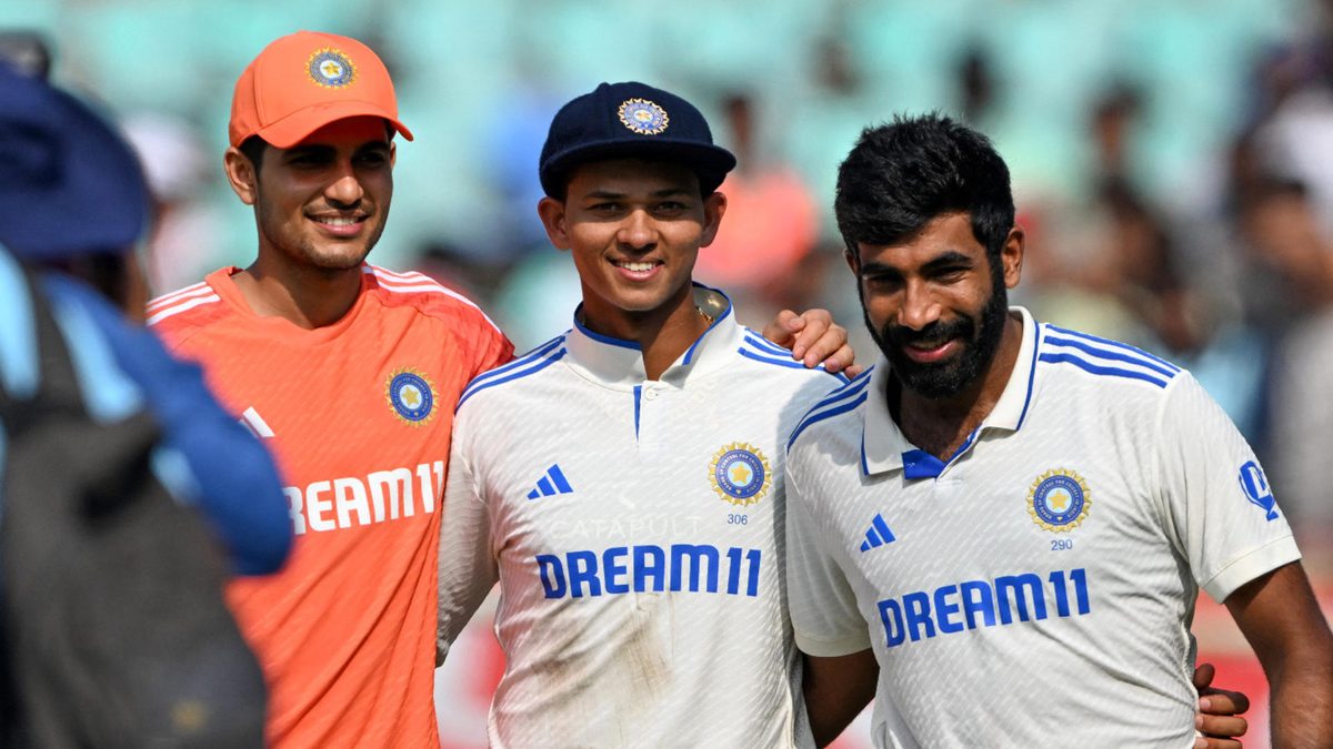 India's Shubman Gill, Yashasvi Jaiswal and Jasprit Bumrah gesture at the end of the second Test cricket match between India and England at the Y.S. Rajasekhara Reddy Cricket Stadium in Visakhapatnam on February 5, 2024