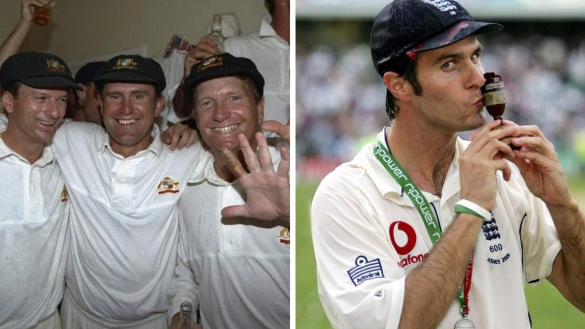 Split screen of 1997 ashes winners and Michael Vaughan with the urn in 2005