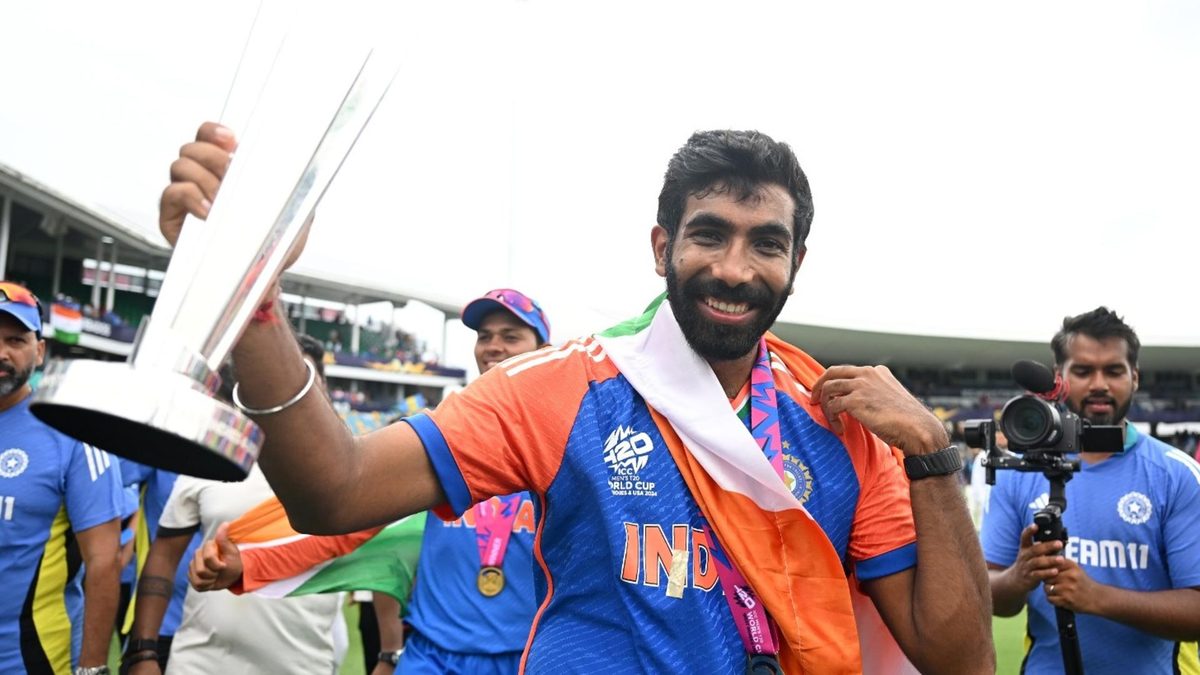 Jasprit Bumrah celebrates winning the T20 World Cup in 2024