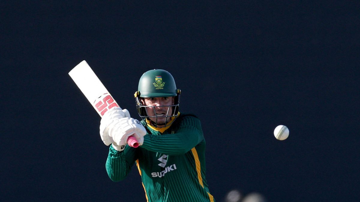 South Africa's Matthew Breetzke prepares to hit a shot during the second One Day International (ODI) cricket match between Australia and South Africa at the Great Barrier Reef Arena in Mackay on August 22, 2025