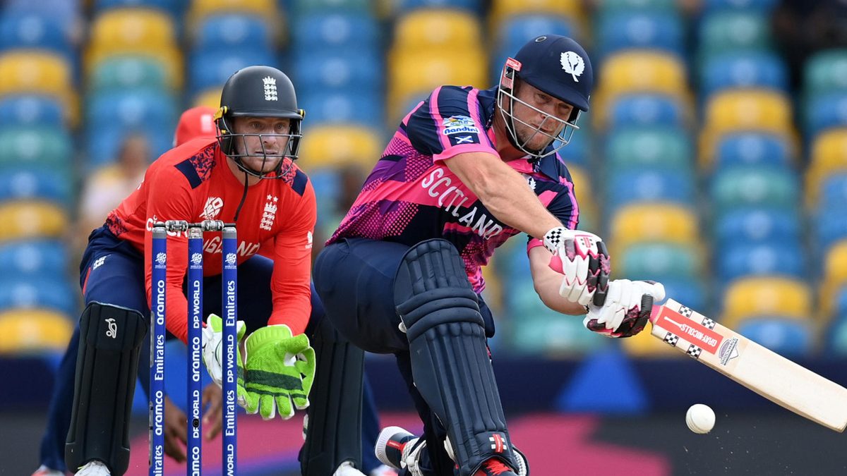 George Munsey of Scotland bats during the ICC Men's T20 Cricket World Cup West Indies & USA 2024 match between England and Scotland at Kensington Oval on June 04, 2024 in Bridgetown, Barbados.