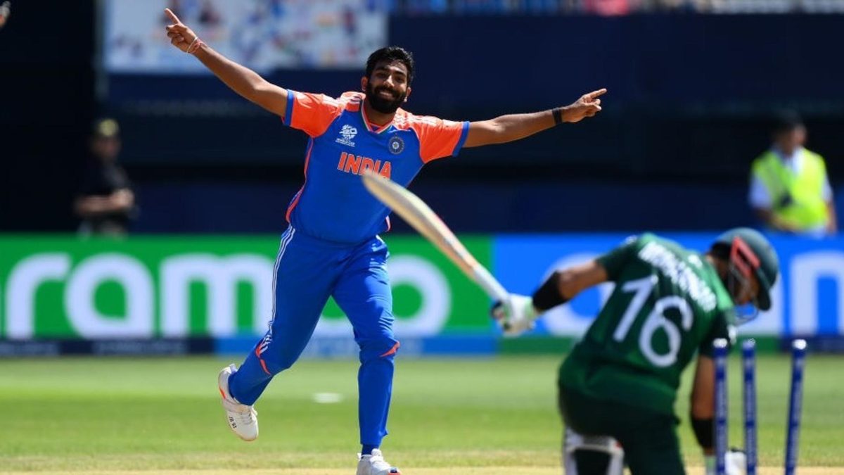 India's Jasprit Bumrah celebrates after dismissing Pakistan's Mohammad Rizwan in the sides' T20 World Cup clash in new York.