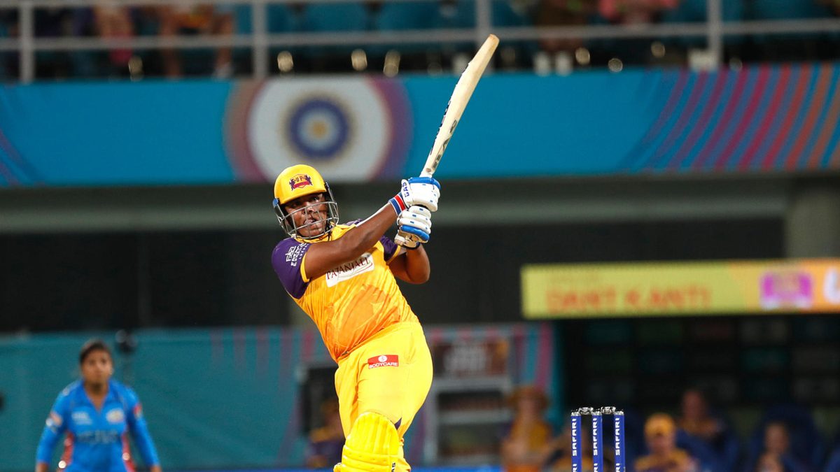  Kiran Navgire of UP Warriorz plays a shot during the Women's Premier League eliminator match between the Mumbai Indians and the UP Warriors at Dr. DY Patil Sports Academy on March 24, 2023 in Navi Mumbai, India