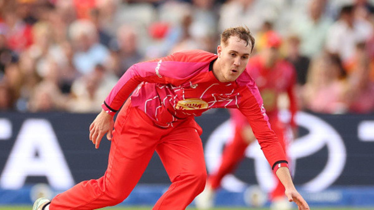 Ben Kellaway of Welsh Fire fields off his own bowling during the The Hundred match between Birmingham Phoenix Men and Welsh Fire Men at Edgbaston on August 22, 2025 in Birmingham, England