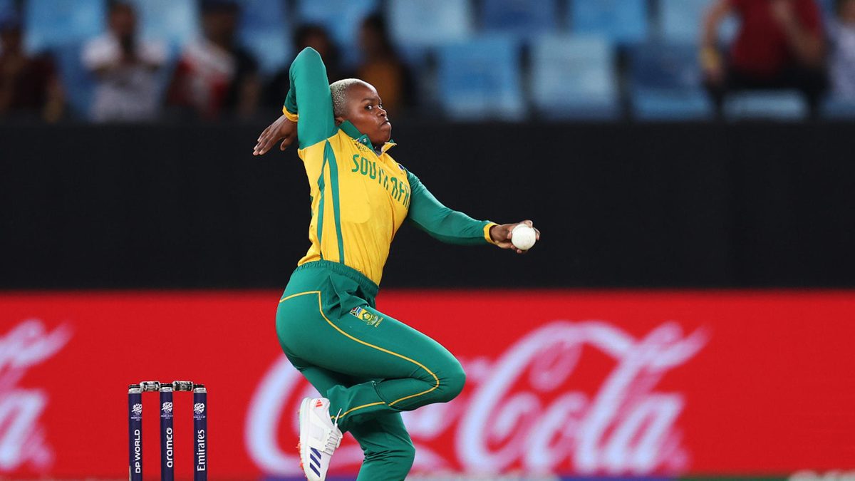 Nonkululeko Mlaba of South Africa bowls during the ICC Women's T20 World Cup Semi-Final between Australia and South Africa at Dubai International Stadium on October 17, 2024 in Dubai, United Arab Emirates
