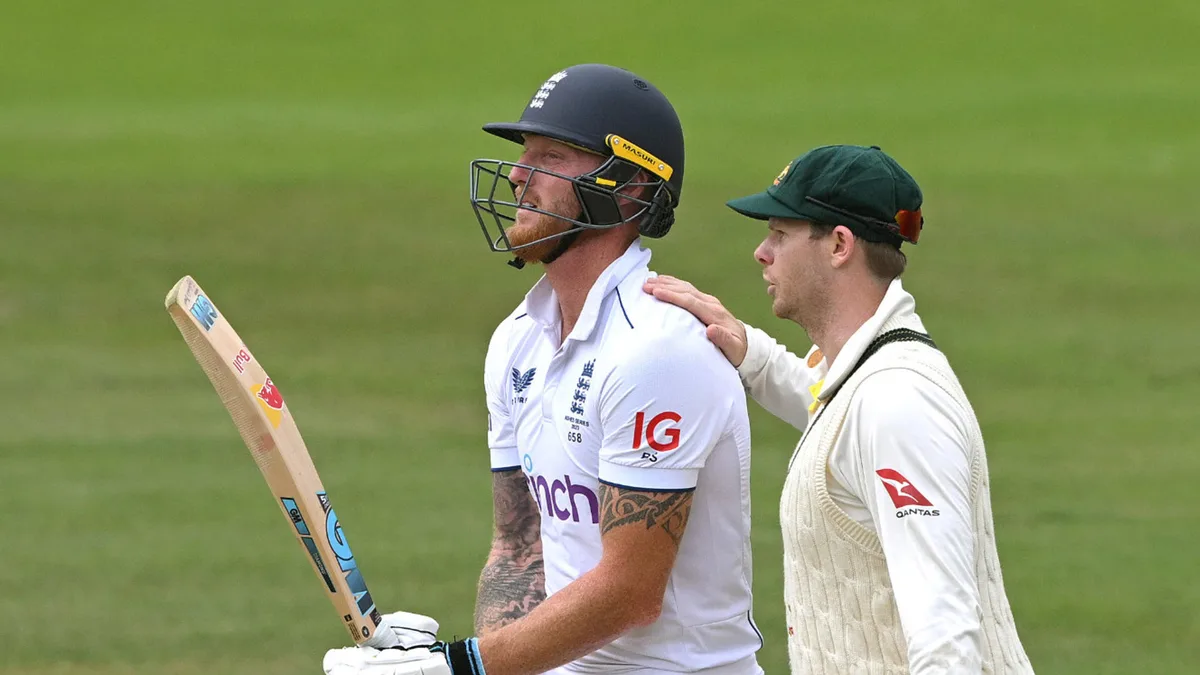 England player Ben Stokes is consoled by Steve Smith after Stokes had eventually been dismissed for 155 runs during the 5th day of the LV=Insurance Ashes Test Match at Lord's Cricket Ground on July 02, 2023 in London, England