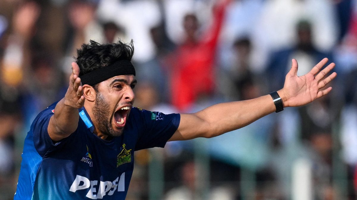 Multan Sultans' Abbas Afridi unsuccessfully appeals for leg before wicket (LBW) against Quetta Gladiators' Khawaja Nafay during the Pakistan Super League (PSL) Twenty20 cricket match between Multan Sultans and Quetta Gladiators at the Multan Cricket Stadium in Multan on February 25, 2024