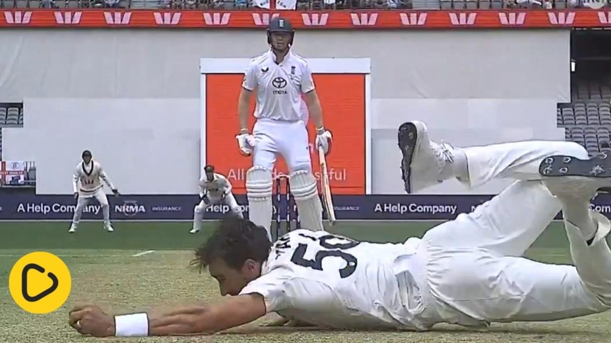 Mitchell Starc takes a spectacular caught and bowled against England in the first Ashes Test