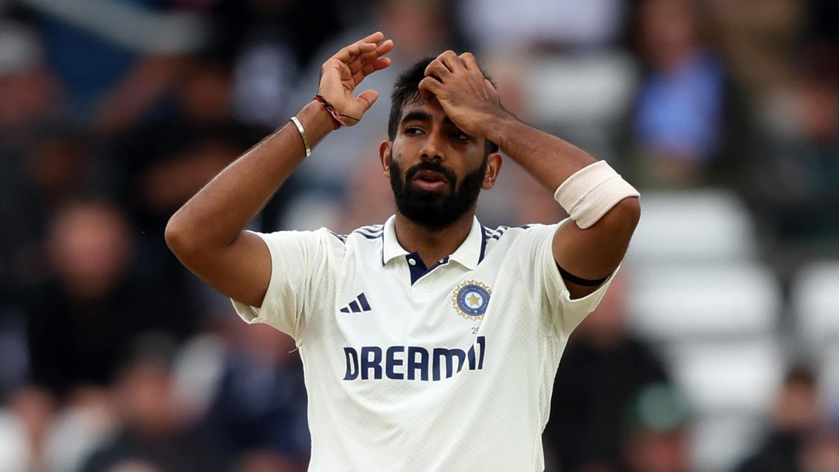 Jasprit Bumrah of India reacts during Day Five of the 1st Rothesay Test Match between England and India at Headingley on June 24, 2025 in Leeds, England