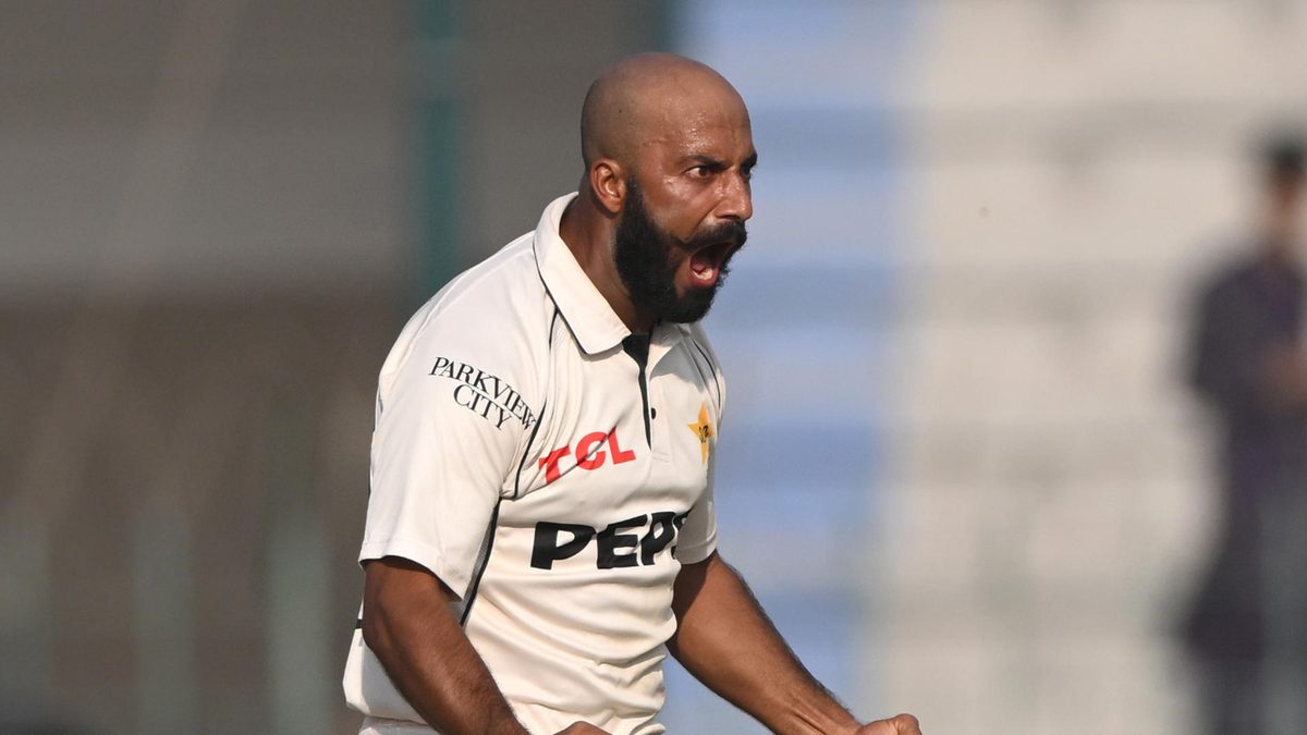 Pakistan bowler Sajid Khan celebrates after taking the wicket of Ollie Pope during day two of the Second Test Match between Pakistan and England at Multan Cricket Stadium