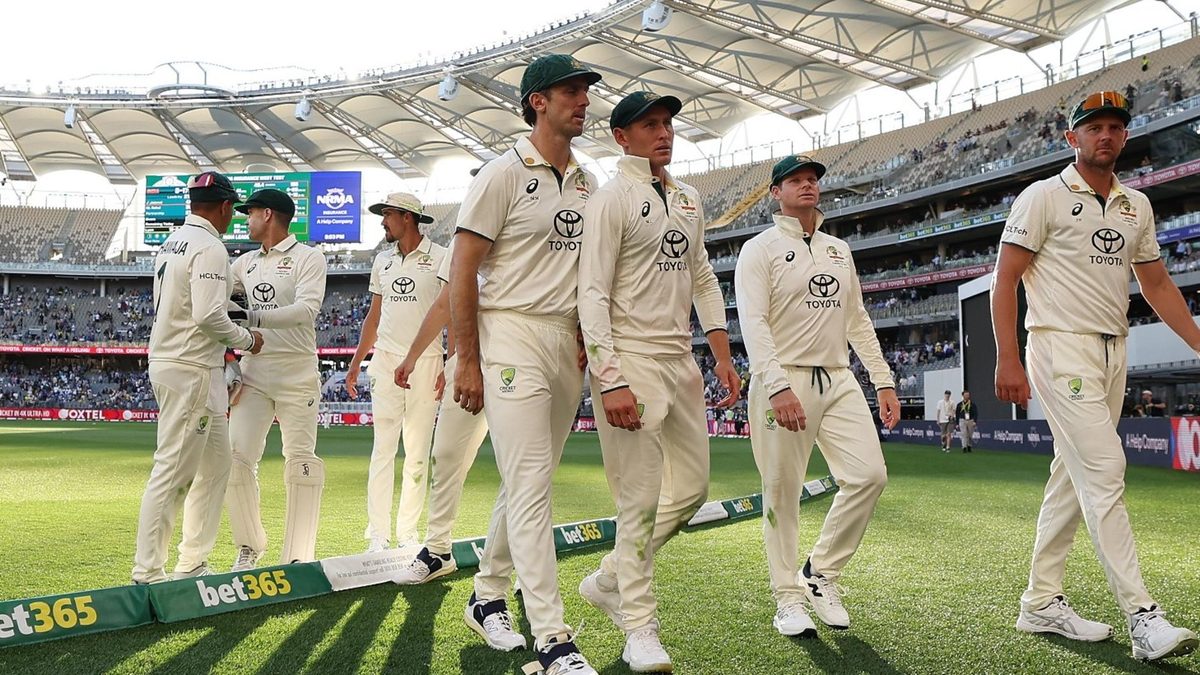 Australia team walks off the field during India's second innings in Perth