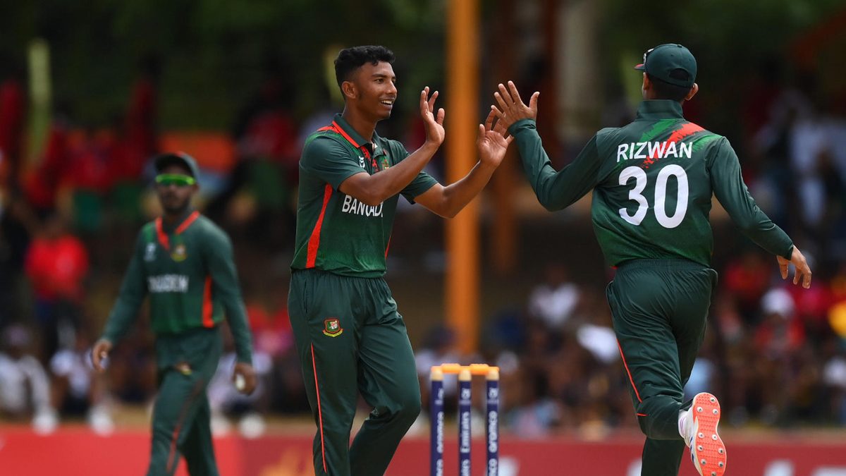 Iqbal Hasan Emon of Bangladesh celebrates the wicket of Aakash Tripathi of Nepal during the ICC U19 Men's Cricket World Cup South Africa 2024 Super Six match between Nepal and Bangladesh at Mangaung Oval on January 31, 2024 in Bloemfontein, South Africa
