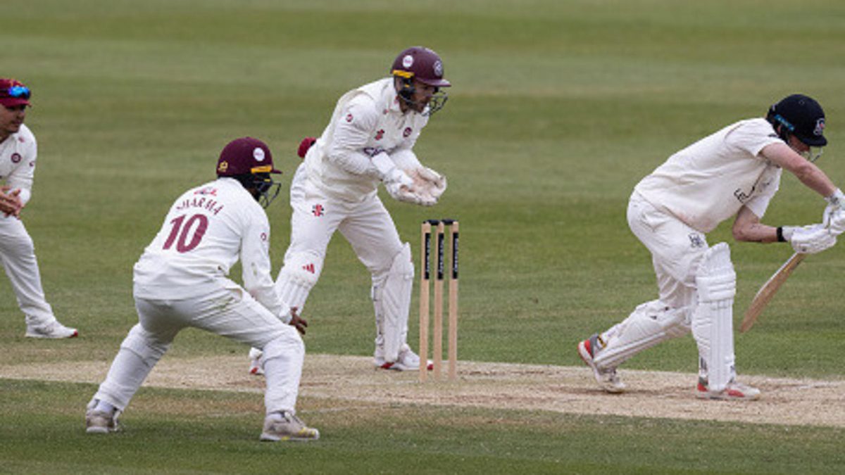 Miles Hammond of Gloucestershire defends during day four of the Rothesay County Championship match between Northamptonshire and Gloucestershire at The County Ground on May 26, 2025 in Northampton, England