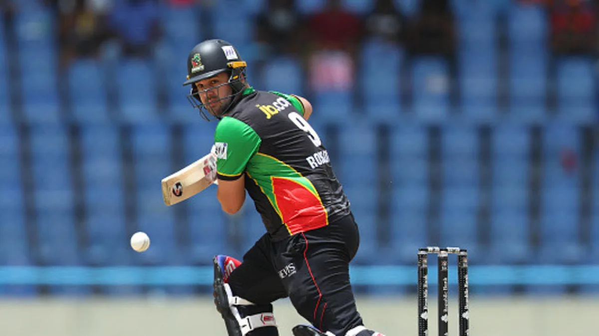 Rilee Rossouw of St Kitts & Nevis Patriots bats during the Men's 2025 Republic Bank Caribbean Premier League match between Antigua & Barbuda Falcons v St Kitts & Nevis Patriot at Sir Vivian Richards Cricket Ground on August 24, 2025 in St John's, Antigua and Barbuda