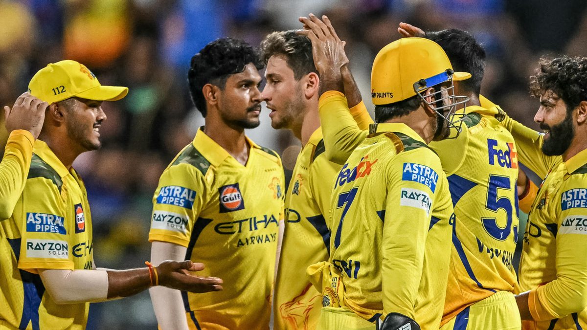 Chennai Super Kings' Ravindra Jadeja (R) celebrates with teammates after taking the wicket of Mumbai Indians' Ryan Rickelton during the Indian Premier League (IPL) Twenty20 cricket match between Mumbai Indians and Chennai Super Kings at the Wankhede Stadium in Mumbai on April 20, 2025