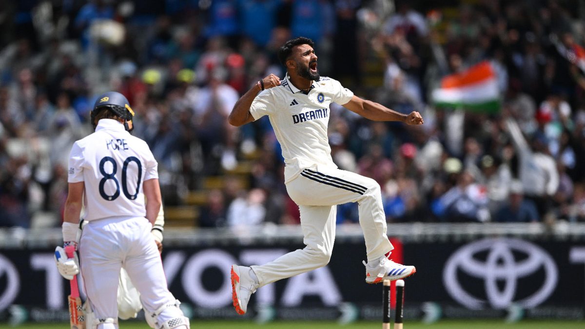 India bowler Akash Deep celebrates after bowling Ollie Pope during day five of the Second Test Match between England and India at Edgbaston on July 06, 2025 in Birmingham, England