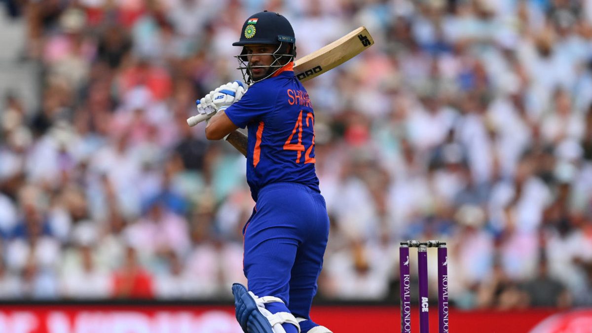 Shikhar Dhawan of India bats during the 1st Royal London Series One Day International between England and India at The Kia Oval on July 12, 2022 in London, England