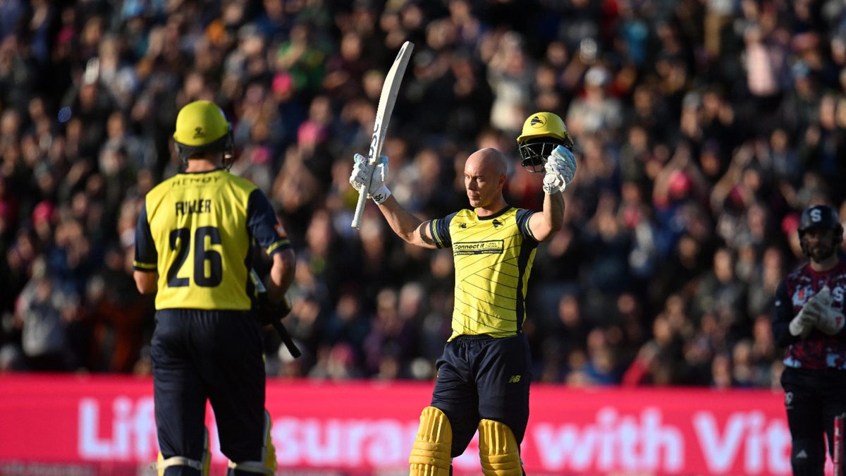 Chris Lynn of Hampshire celebrates their century during the Vitality Blast Men's Semi-Final match between Northamptonshire Steelbacks and Hampshire Hawks at Edgbaston on September 13, 2025 in Birmingham, England