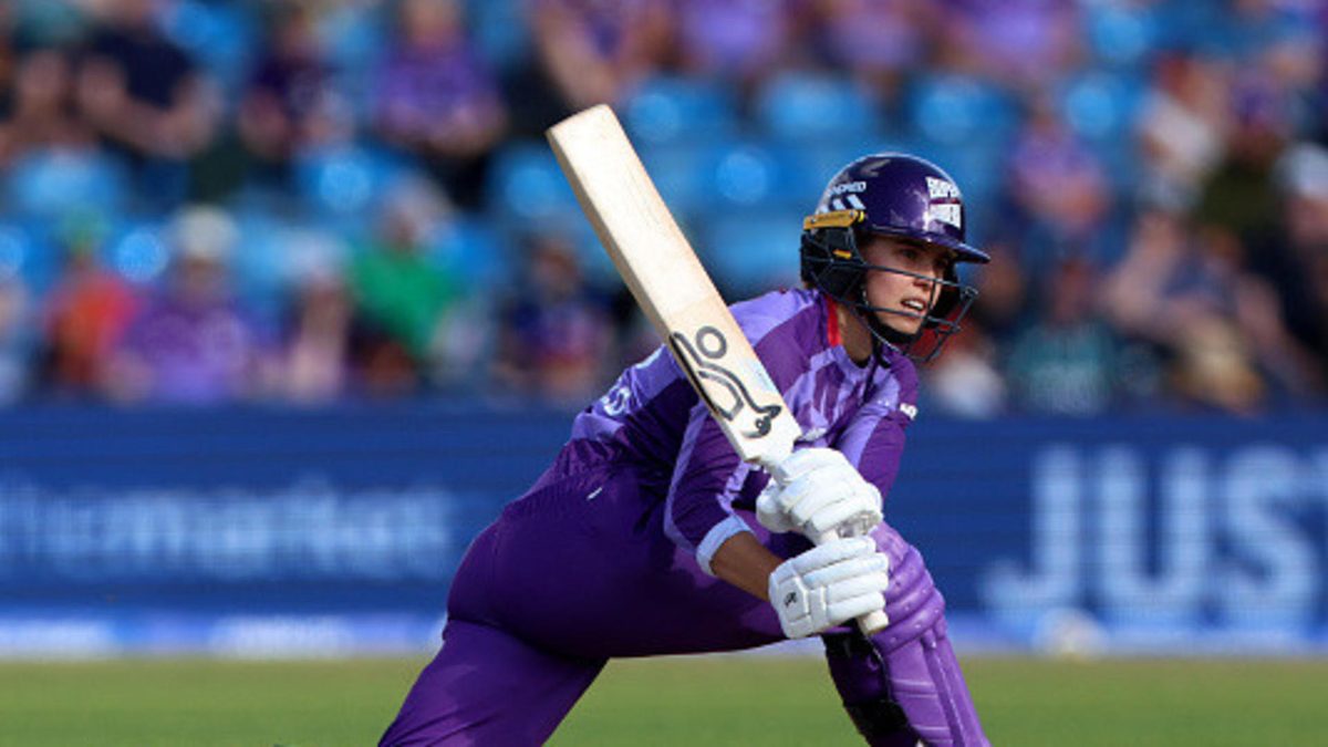 Phoebe Litchfield of Northern Superchargers bats during the The Hundred match between Northern Superchargers Women and Manchester Originals Women at Headingley on August 26, 2025 in Leeds, England