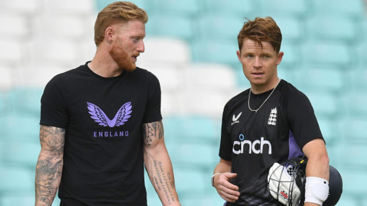 Ben Stokes (L) and Ollie Pope of England talk during an England net session at The Kia Oval on September 04, 2024 in London, England.