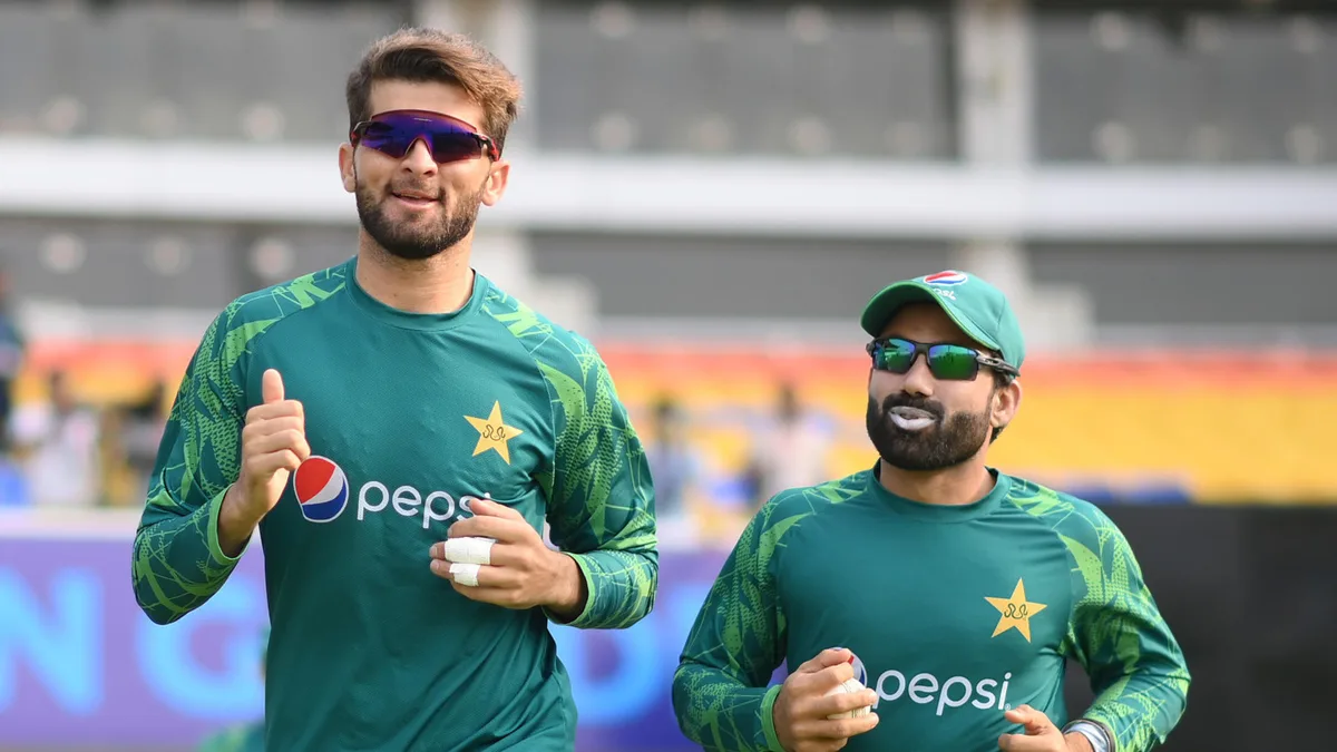 Shaheen Afridi and Mohammad Rizwan of Pakistan warm up during the ICC Men's Cricket World Cup India 2023 Pakistan & Bangladesh Net Sessions at Eden Gardens on October 30, 2023 in Kolkata, India