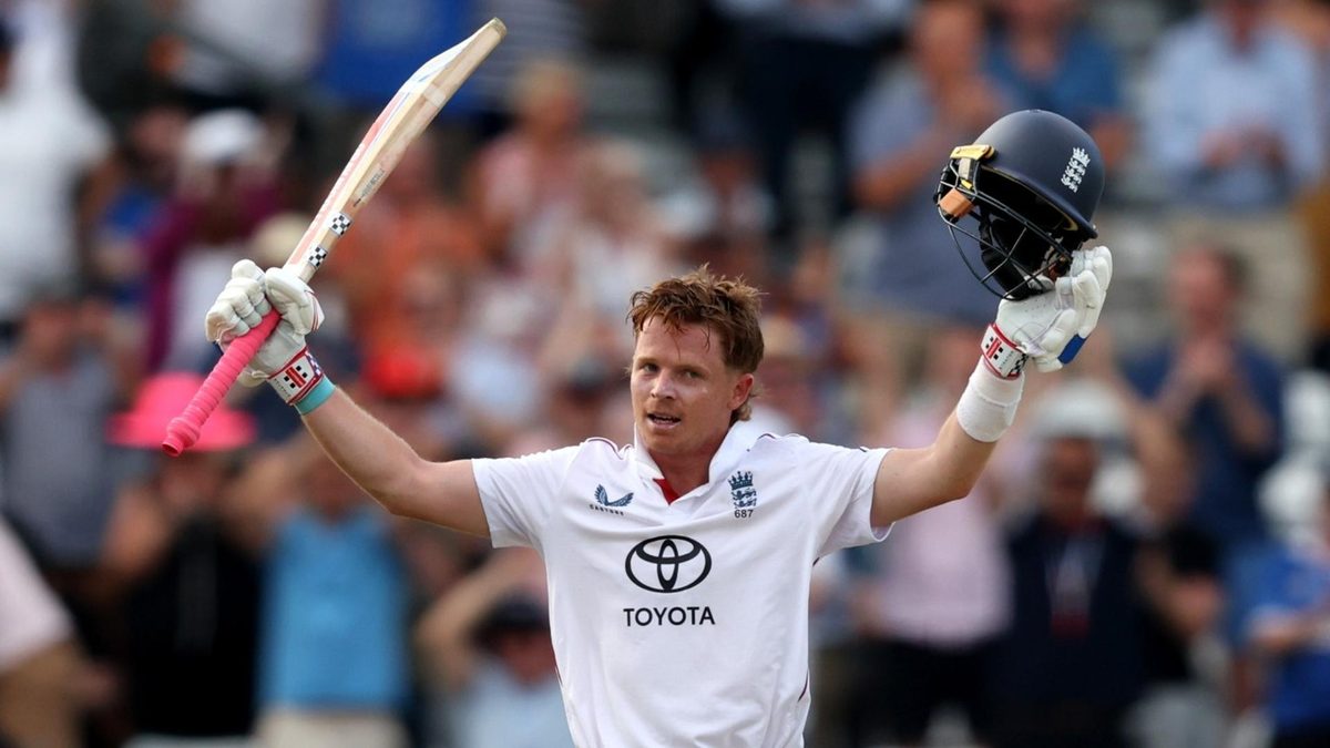 Ollie Pope celebrates his Test century against India at Headingley
