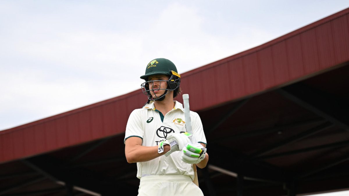 Sam Konstas of Australia A prepares to take to the field during day three of the match between Australia A and India A at Great Barrier Reef Arena on November 02, 2024 in Mackay, Australia