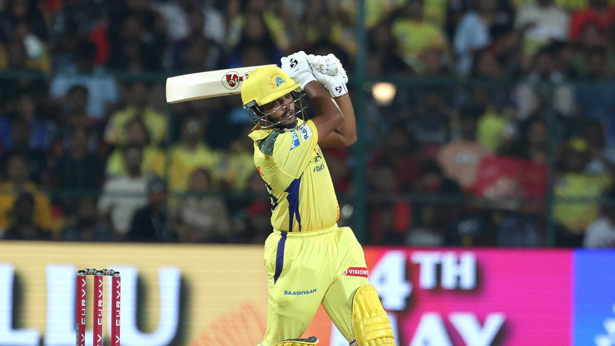 Ayush Mhatre of Chennai Super Kings play a shot during the 2025 IPL match between Royal Challengers Bengaluru and Chennai Super Kings at M Chinnaswamy Stadium on May 3, 2025, in Bengaluru, India