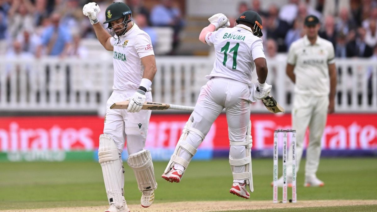 Temba Bavuma and Aiden Markram celebrate the latter's hundred in the World Test Championship final at Lord's