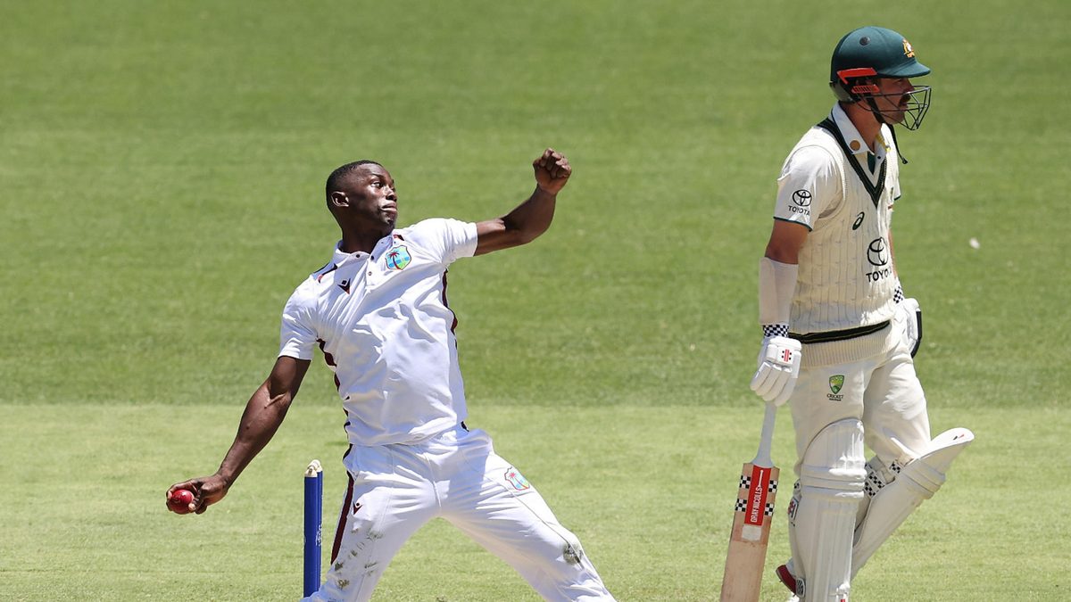 Shamar Joseph of the West Indies bowls during day two of the First Test in the Mens Test match series between Australia and West Indies at Adelaide Oval on January 18, 2024 in Adelaide, Australia