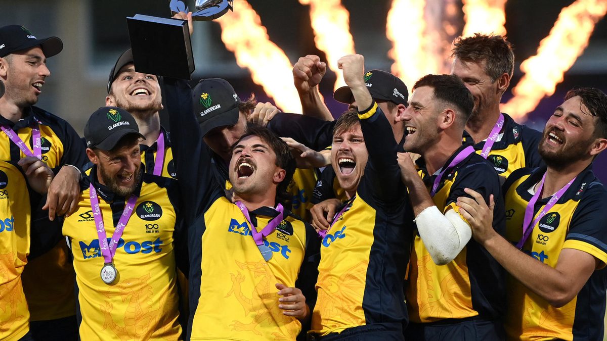 Glamorgan captain Kiran Carlson lifts the trophy after winning the Royal London Cup Final between Glamorgan and Durham at Trent Bridge on August 19, 2021 in Nottingham, England