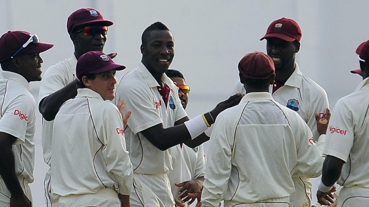 Andre Russell celebrates a Test wicket in 2010
