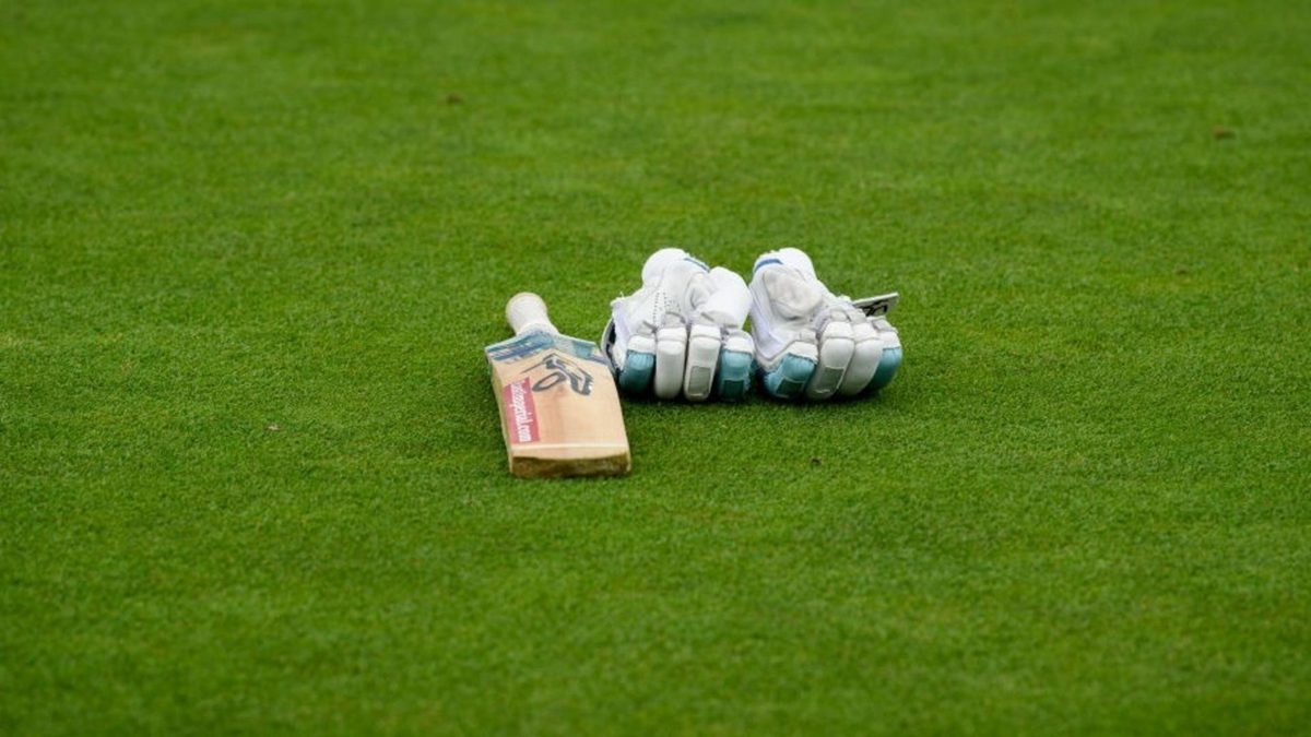 A cricket bat and gloves on the field of play