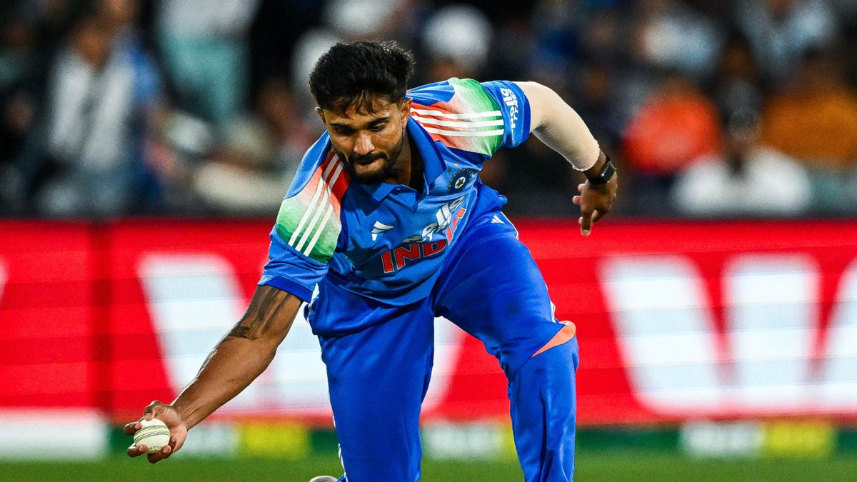 Nitish Kumar Reddy of India fields off his bowling during game two in the One Day International series between Australia and India at Adelaide Oval on October 23, 2025 in Adelaide, Australia