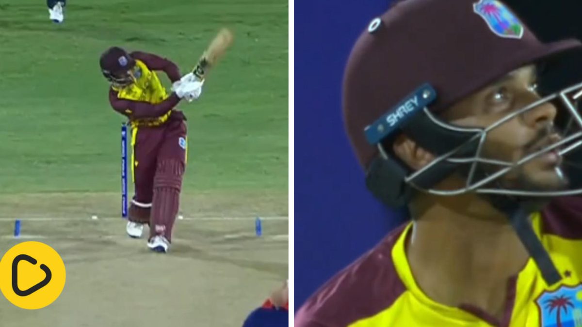 Brandon King looks into the sky after hitting Reece Topley for a six during the T20 World Cup Super Eights fixture between West Indies and England