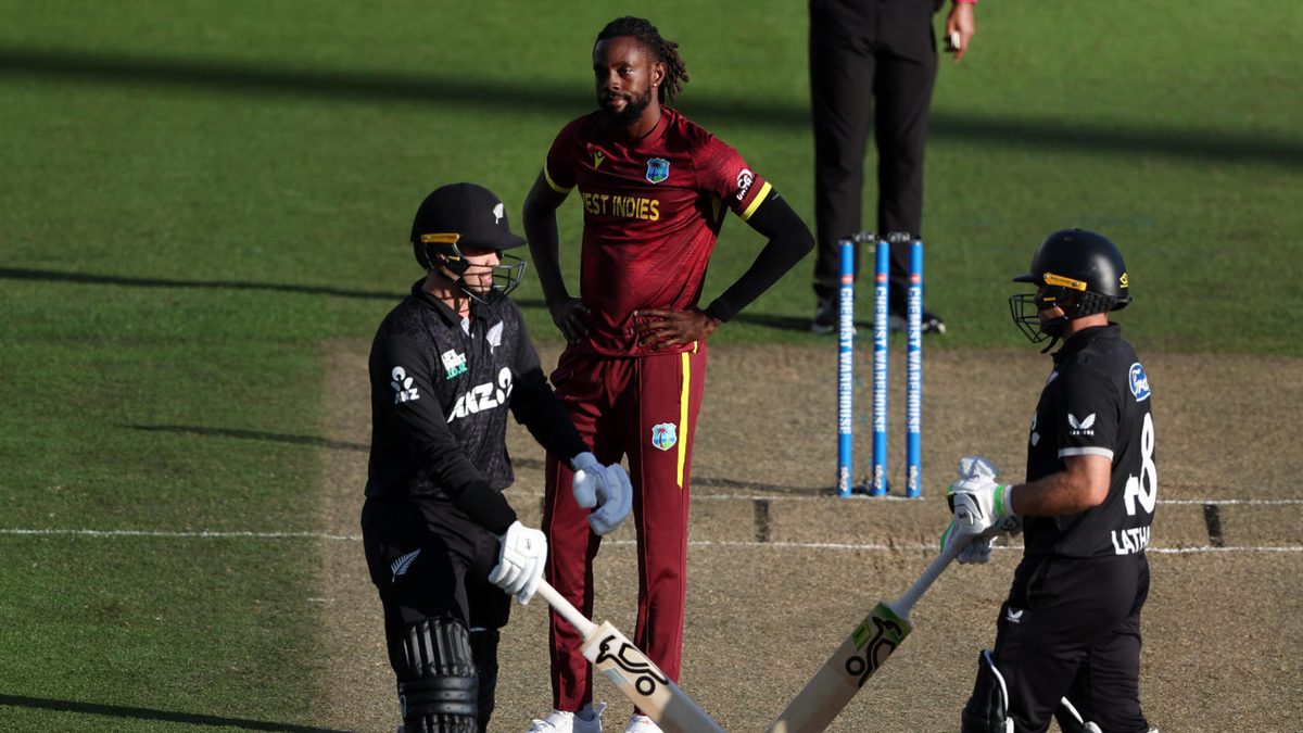 Shamar Springer of the West Indies (C) reacts to a New Zealand boundary during the third match in the series between New Zealand and West Indies at Seddon Park on November 22, 2025 in Hamilton, New Zealand