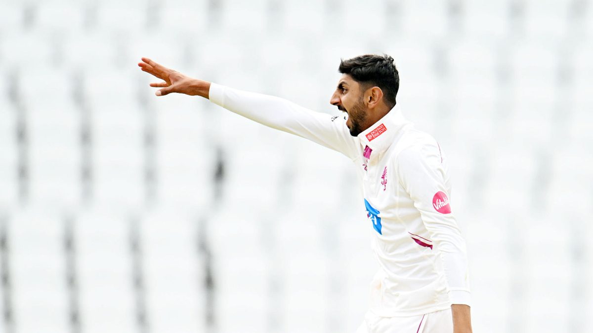 Shoaib Bashir of Somerset appeals unsuccessfully during Day One of the Vitality County Championship Division One match between Somerset and Nottinghamshire at The Cooper Associates County Ground on April 19, 2024 in Taunton, England