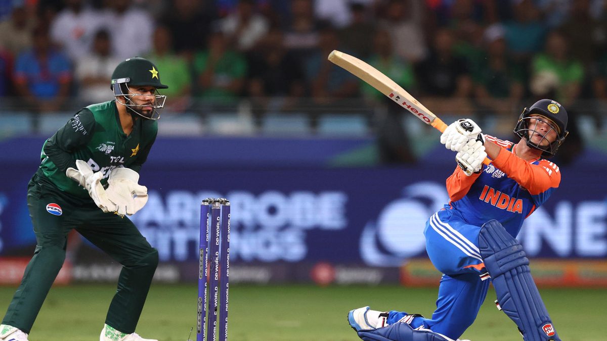 Abhishek Sharma of India bats during the Asia cup match between India and Pakistan at Dubai International Stadium on September 21, 2025 in Dubai, United Arab Emirates