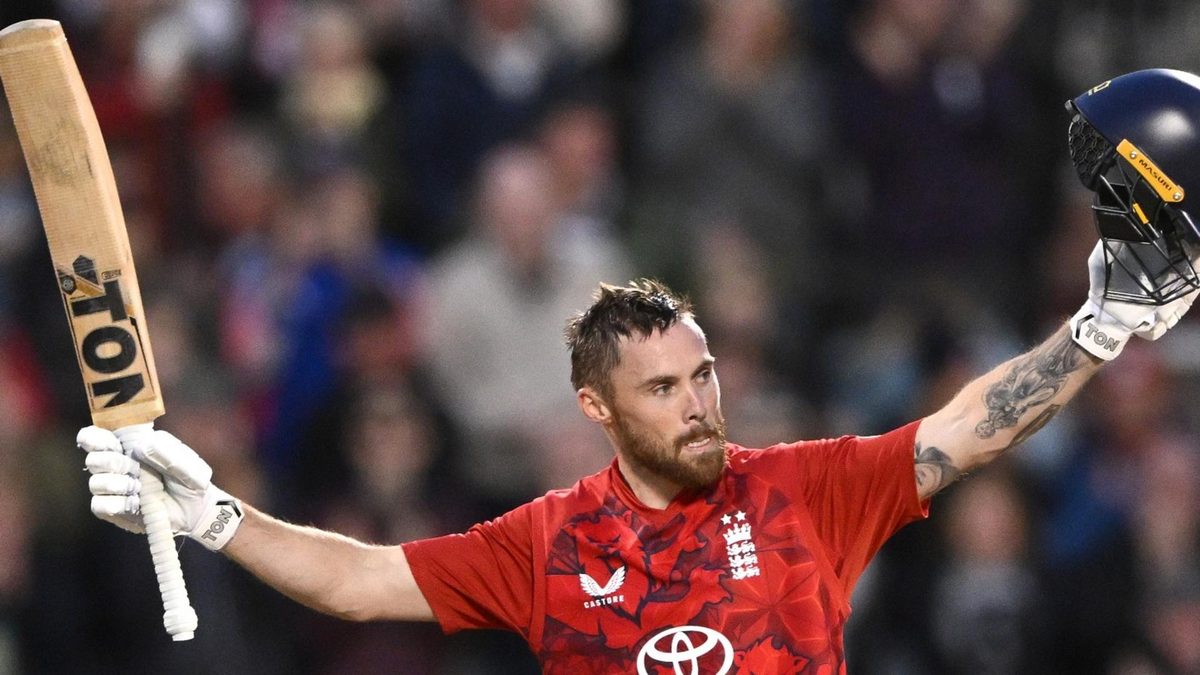 Phil Salt celebrates scoring a T20I hundred at Old Trafford